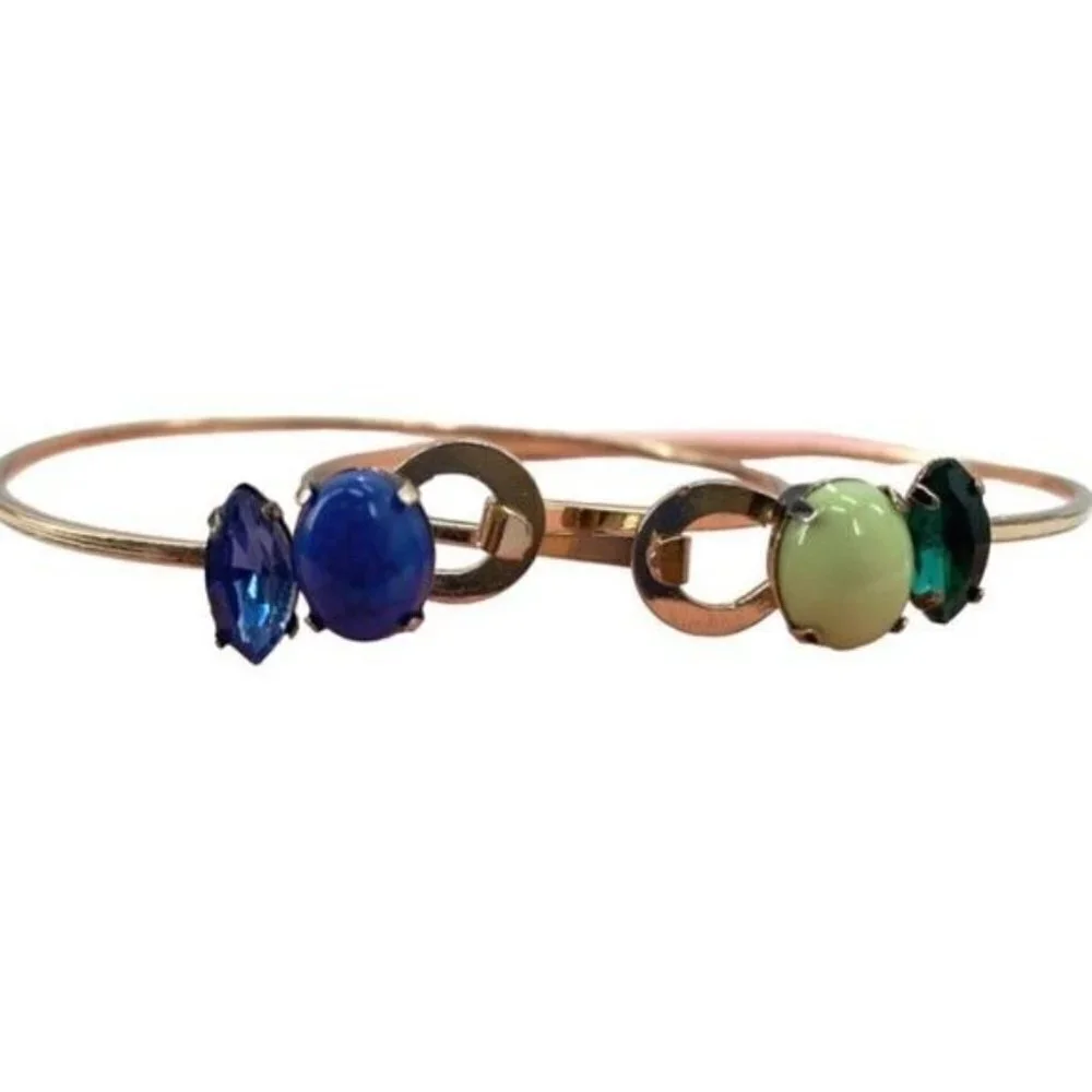 Vintage Blue and Green Bangle Clasp Rhinestone Bracelets